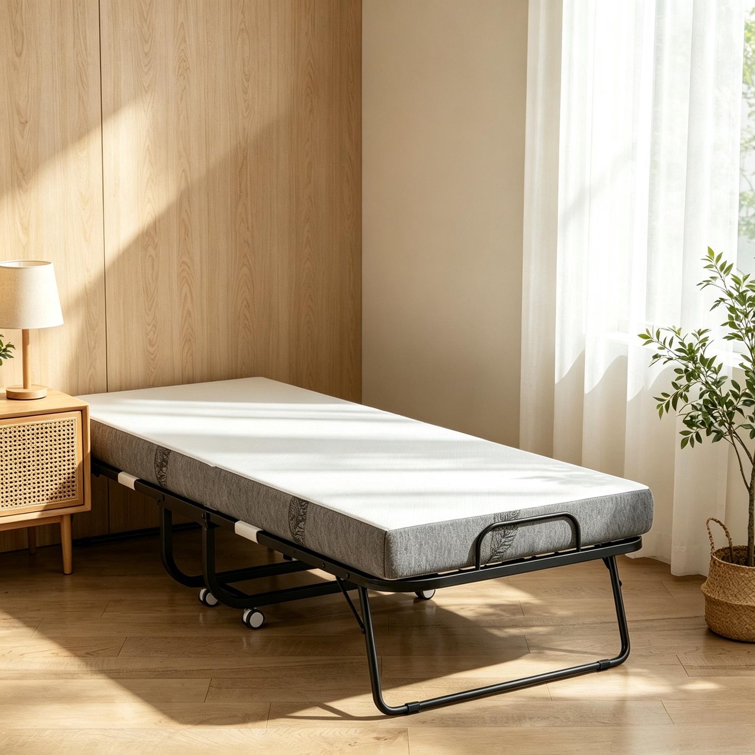 WUVRIE Eenpersoons opklapbed 200x80 cm - Met matras, stalen frame en 4 zwenkwielen - Zwart