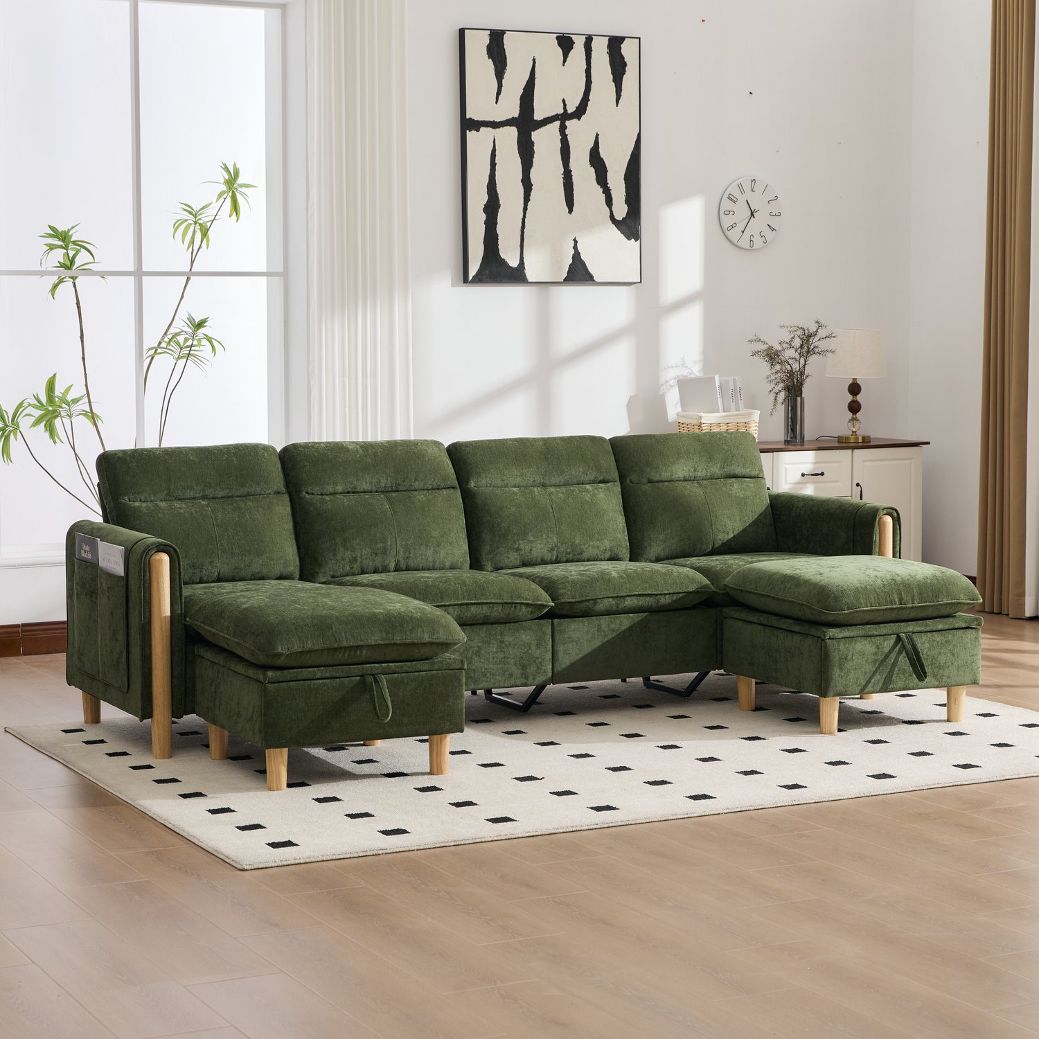 MIVRAY U-Bank 261 Bij 77 Bij 86 cm - Modulaire 4-Zits Met 2 Opberghockers - Voor Woonkamer En Familiekamer - Chenille Groen
