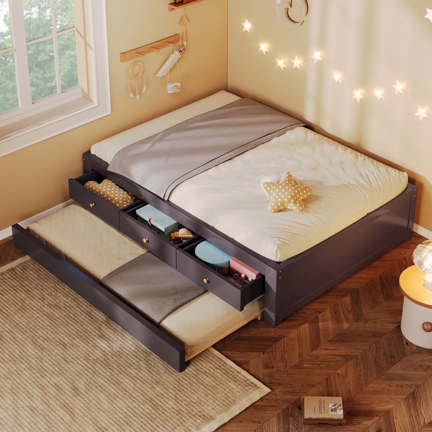 WUVRIE Eenpersoonsbed 90x200 cm - 3 lades en uitschuifbaar logeerbed - Koffie Koffiebruin