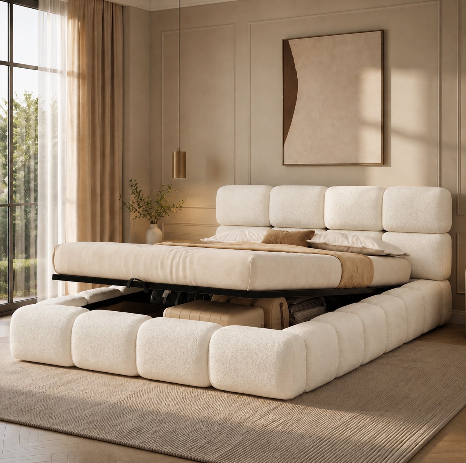 WUVRIE Gestoffeerd opbergbed 180x200 cm - Hydraulische opening en lattenbodem - Wit bouclé