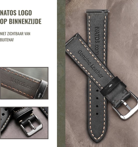 Bracelet de montre noir avec logo NATOS.com à l'intérieur. Texte : 'Niet zichtbaar van buitenaf'.