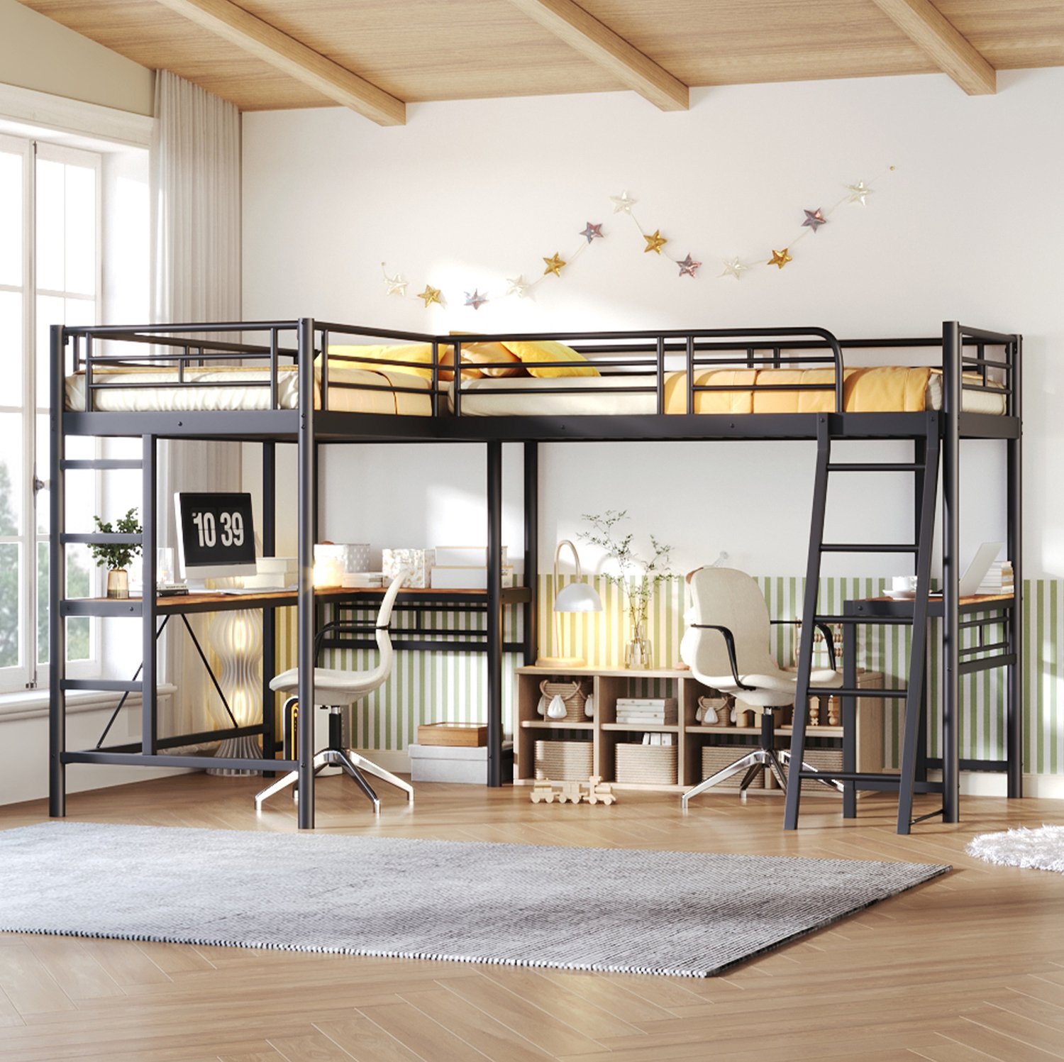 WUVRIE Hoogslaper 90x200 cm - Met bureau, dubbele ladder en hoge uitvalbeveiliging - Zwart