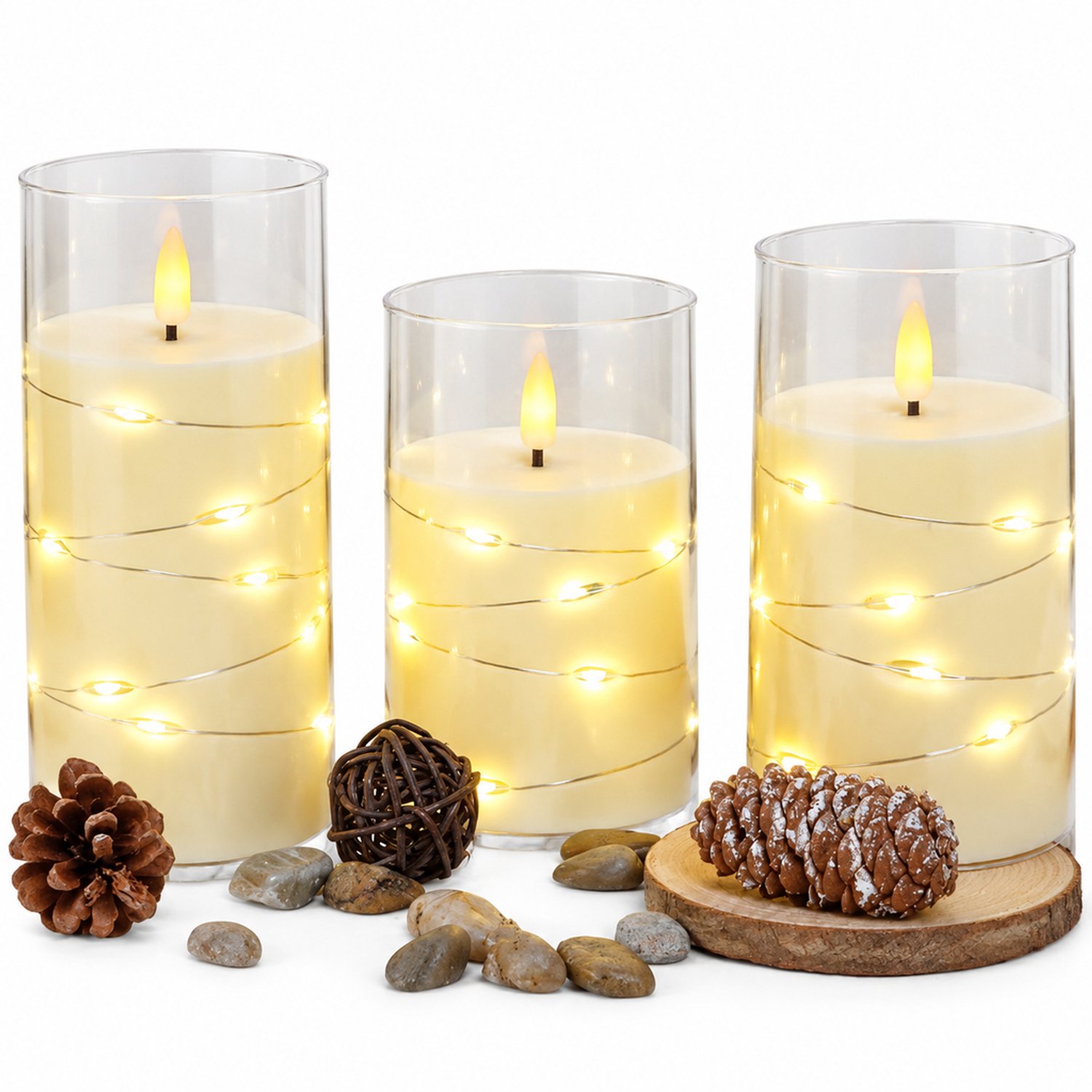 SWGOTA led kaarsen set van 3 7.5 kogelvormige lichtslinger ivoorkleurig met transparante kap