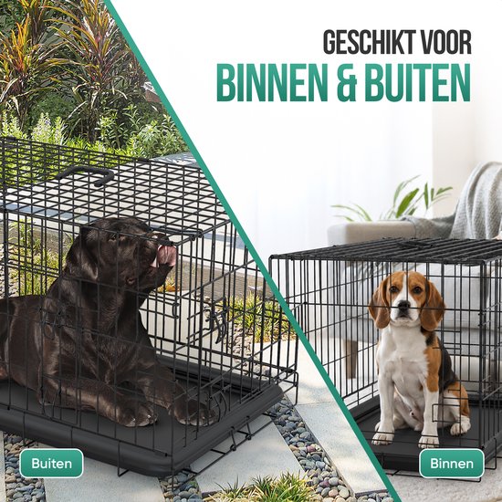Zwarte hondenbench geschikt voor binnen en buiten met een zwarte hond en een beagle.