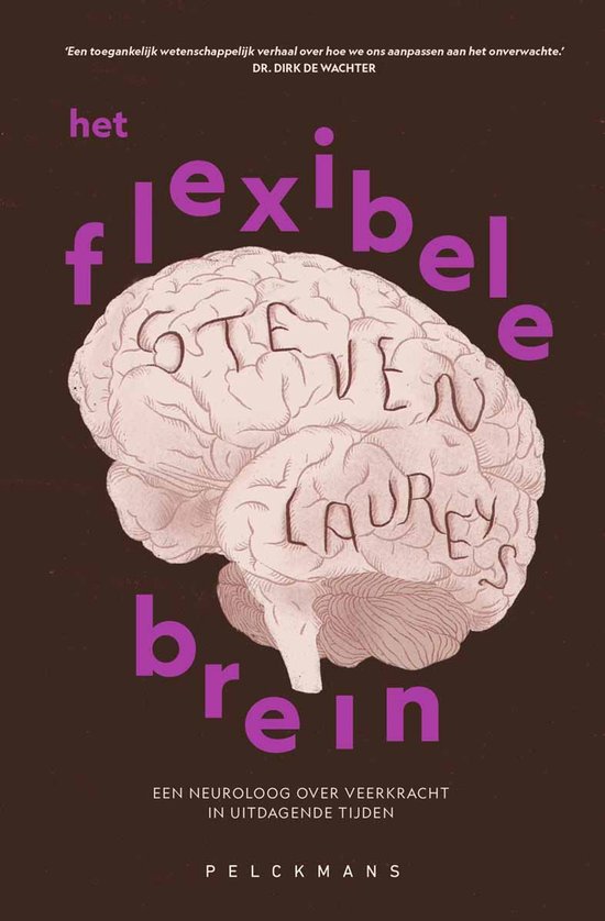 Boekomslag van Het flexibele brein met een roze hersenillustratie tegen een bruine achtergrond en roze tekst.