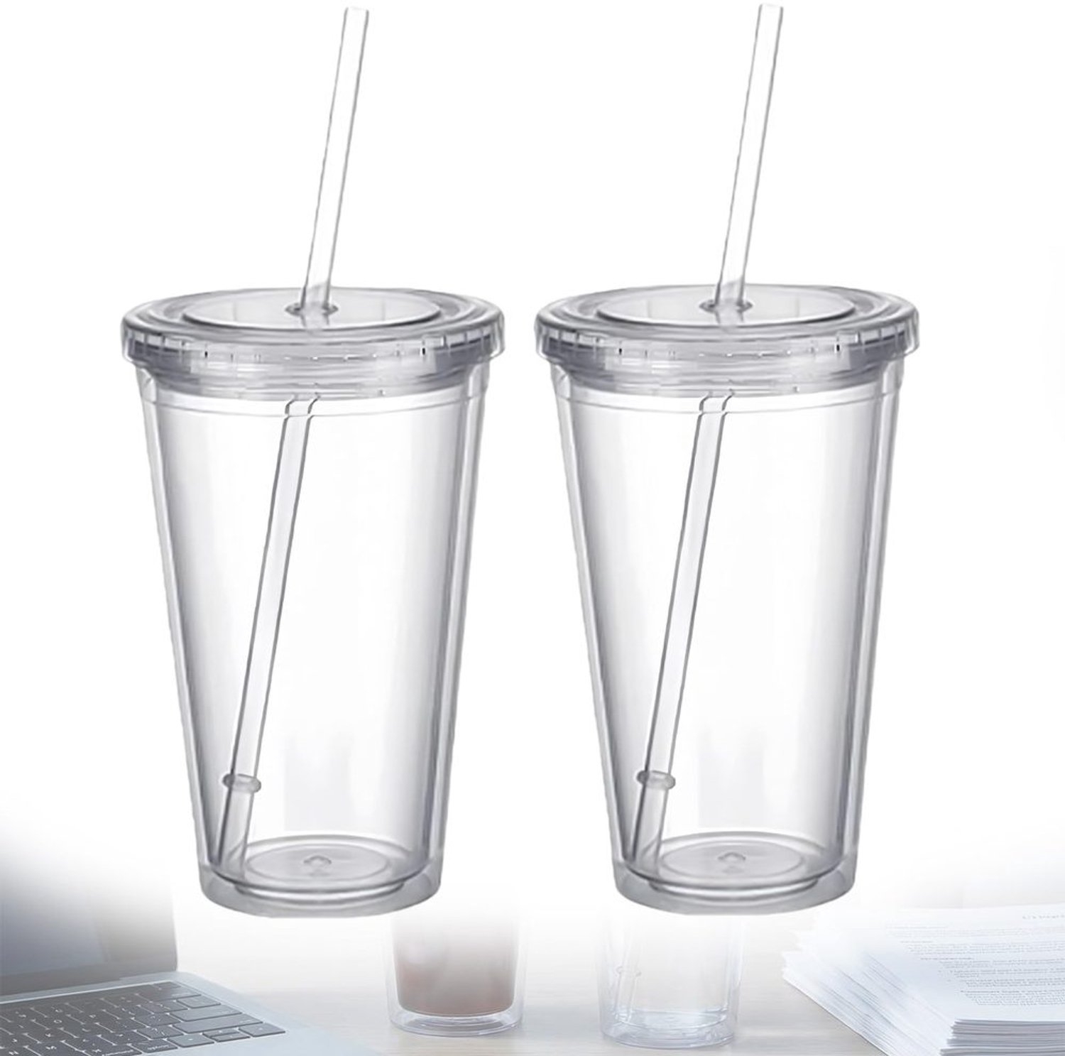 Herbruikbare Plastic Bekers met Deksel en Rietje, 450 ml