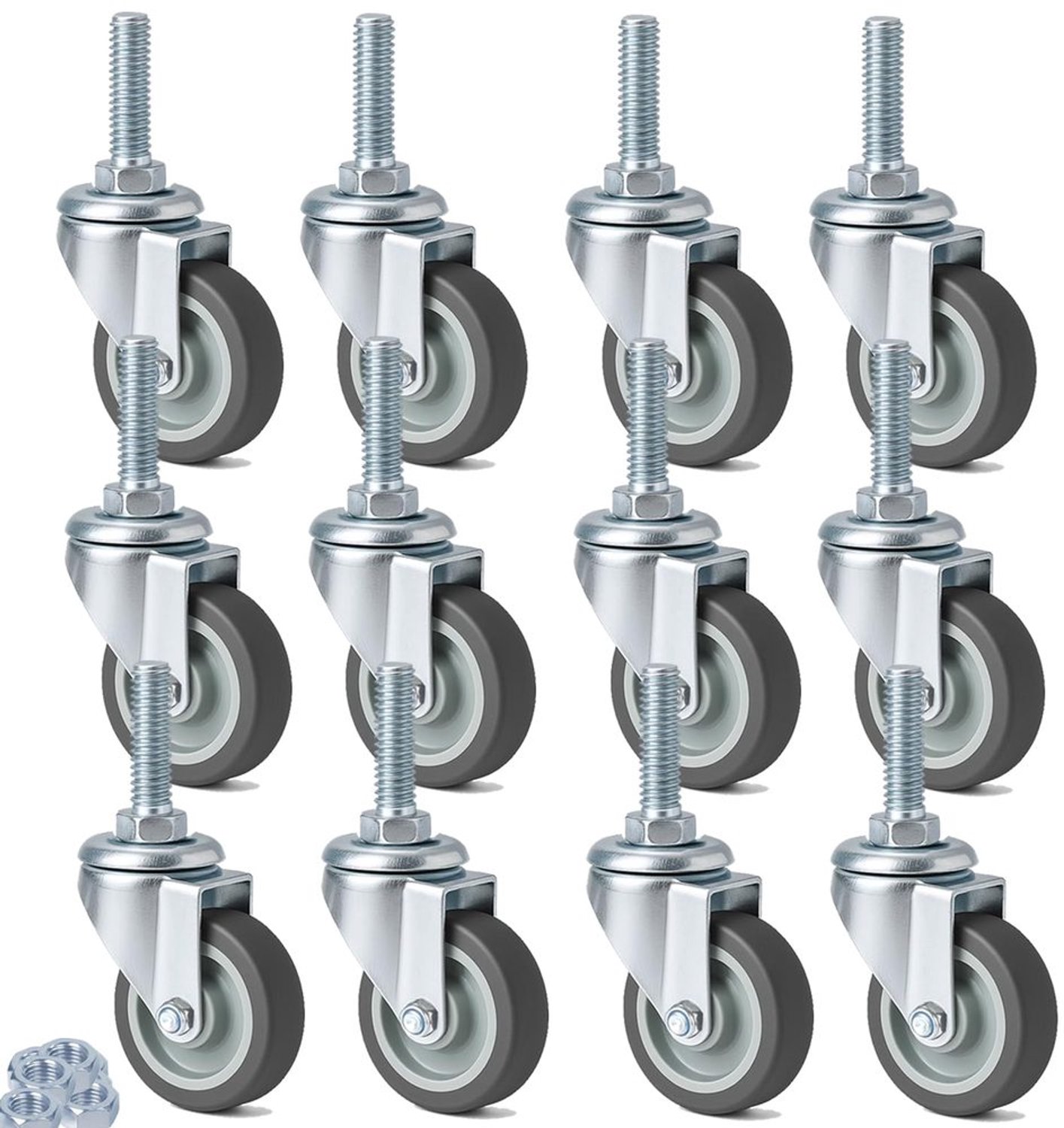 12 Stuks Meubelwielen 50 mm - Zwenkwielen met M10 x 30 mm Schroef, 360 Graden Rotatie