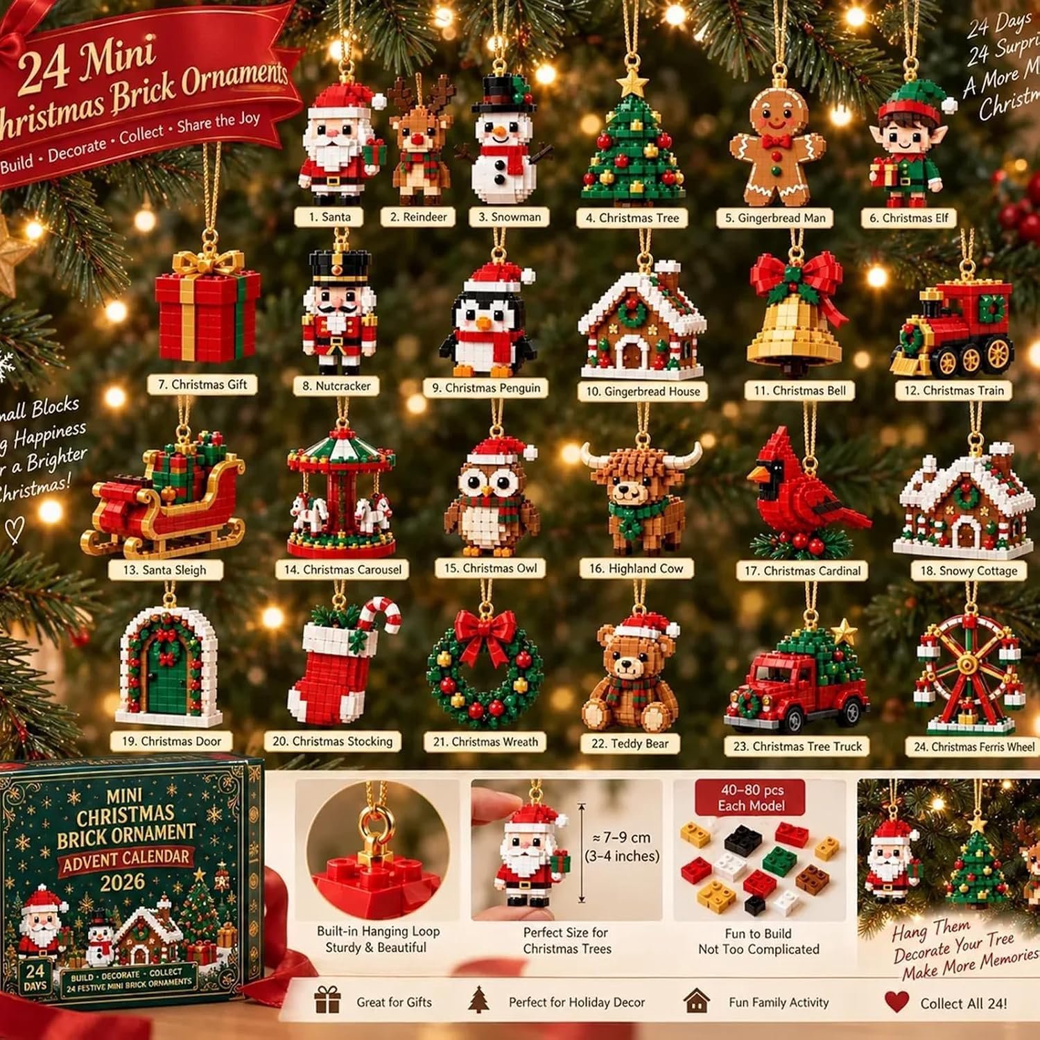 Adventskalender 2026 - Kerstkalender - 24 Dagen Bouwsteen Ornamenten - Bouwblokken - Kinderspeelgoed - Met Ophanglus - Mini-steentjes Voor Boom, Slinger Of Mantel - Geschikt voor Kerstfeest en Interieur Decoratie – foto 2