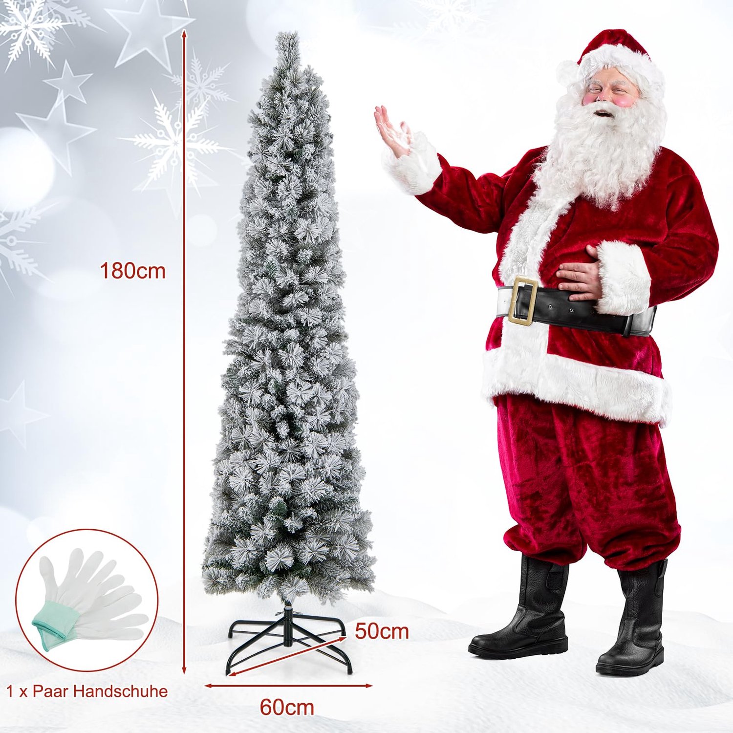 COSTWAY Kunstkerstboom 180 cm met verlichting - Smal Potloodmodel met Sneeuweffect - PVC 373 takken - 150 Warmwitte LED-lampjes - Wit en groen – foto 4