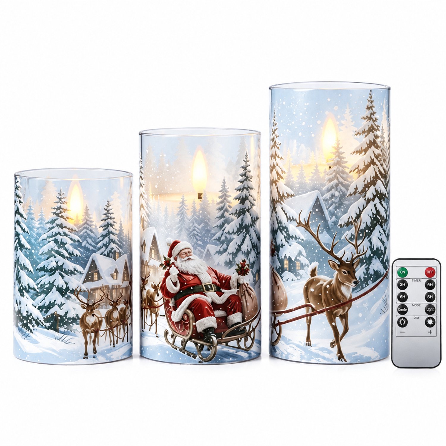 SWGOTA led kaarsen, set van 3 met kerstman en sneeuwlandschap, verschillende hoogtes, met afstandsbediening, op batterijen, exclusief batterijen Bruin
