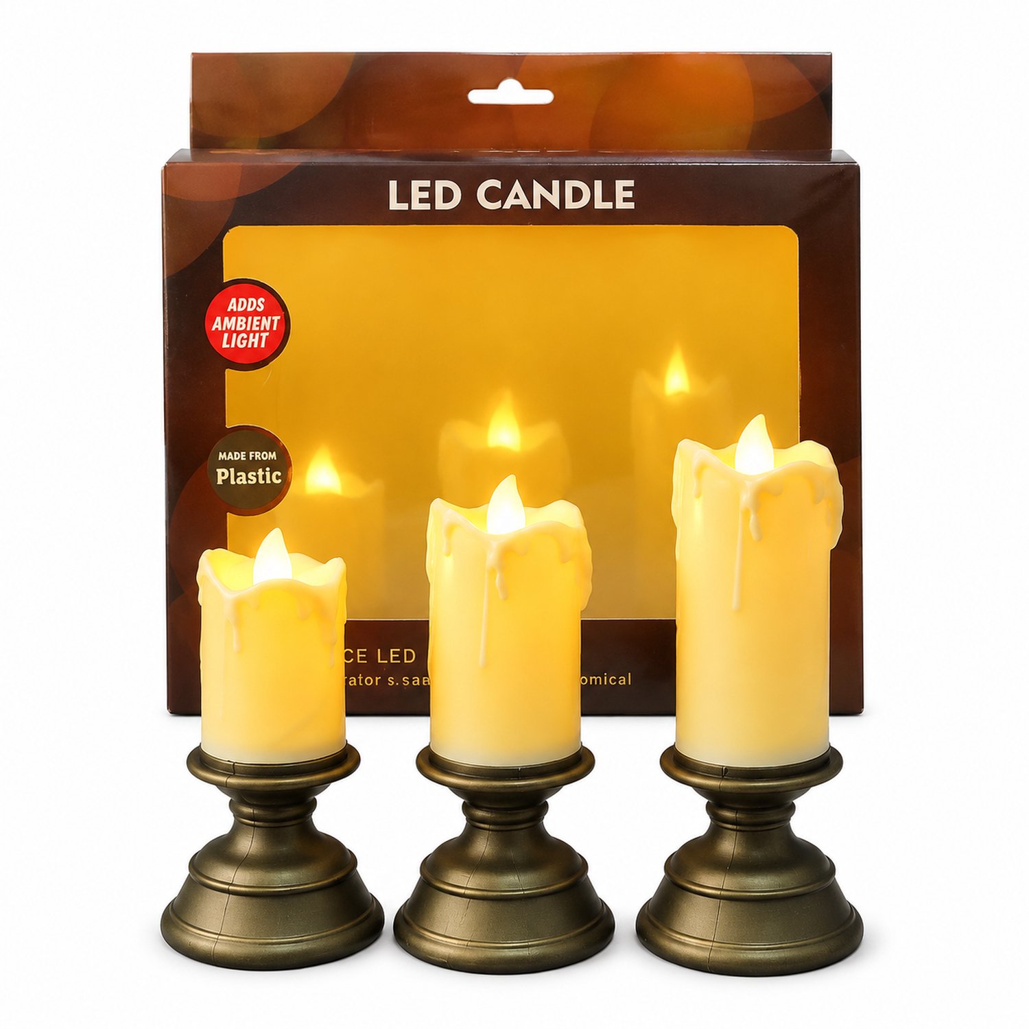 SWGOTA led kaarsen, set van 3 in verschillende hoogtes, retro druipkaarsvorm met kandelaarvoet, sfeervolle tafeldecoratie in displaydoos Crème
