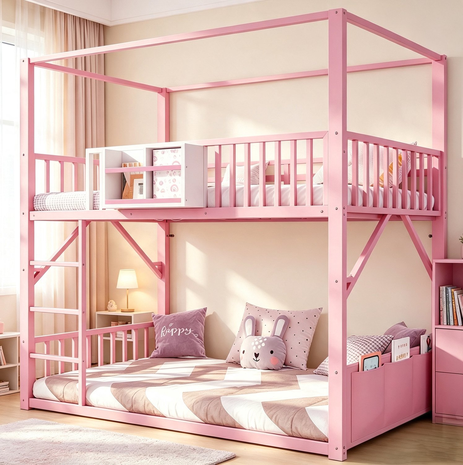 WUVRIE Stapelbed 90x200 cm - Dakframe, veiligheidshek en opbergruimte - Roze