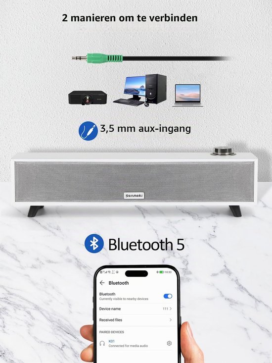 Computerluidsprekers, 10 W pc-soundbar, USB-gevoede Deaktop-luidsprekers, Bluetooth 5.0 en RCA-ingangsluidsprekers voor desktop, laptops, fonograaf, telefoons, tablets — afbeelding 3