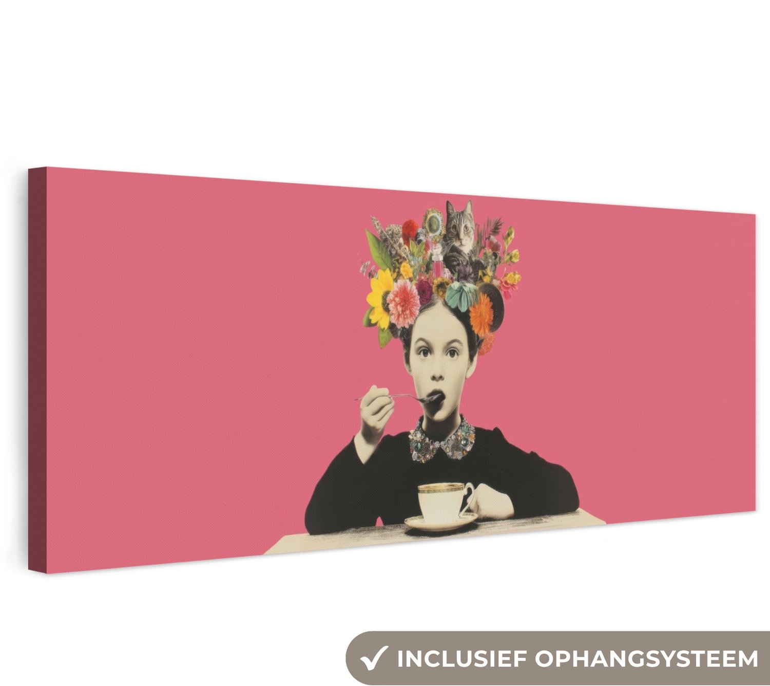 Canvas schilderij 150x50 cm - Exclusieve wanddecoratie Meisje - Kopje - Bloemen - Roze - Muurdecoratie woonkamer - Slaapkamer decoratie - Kamer accessoires - Schilderijen op canvas