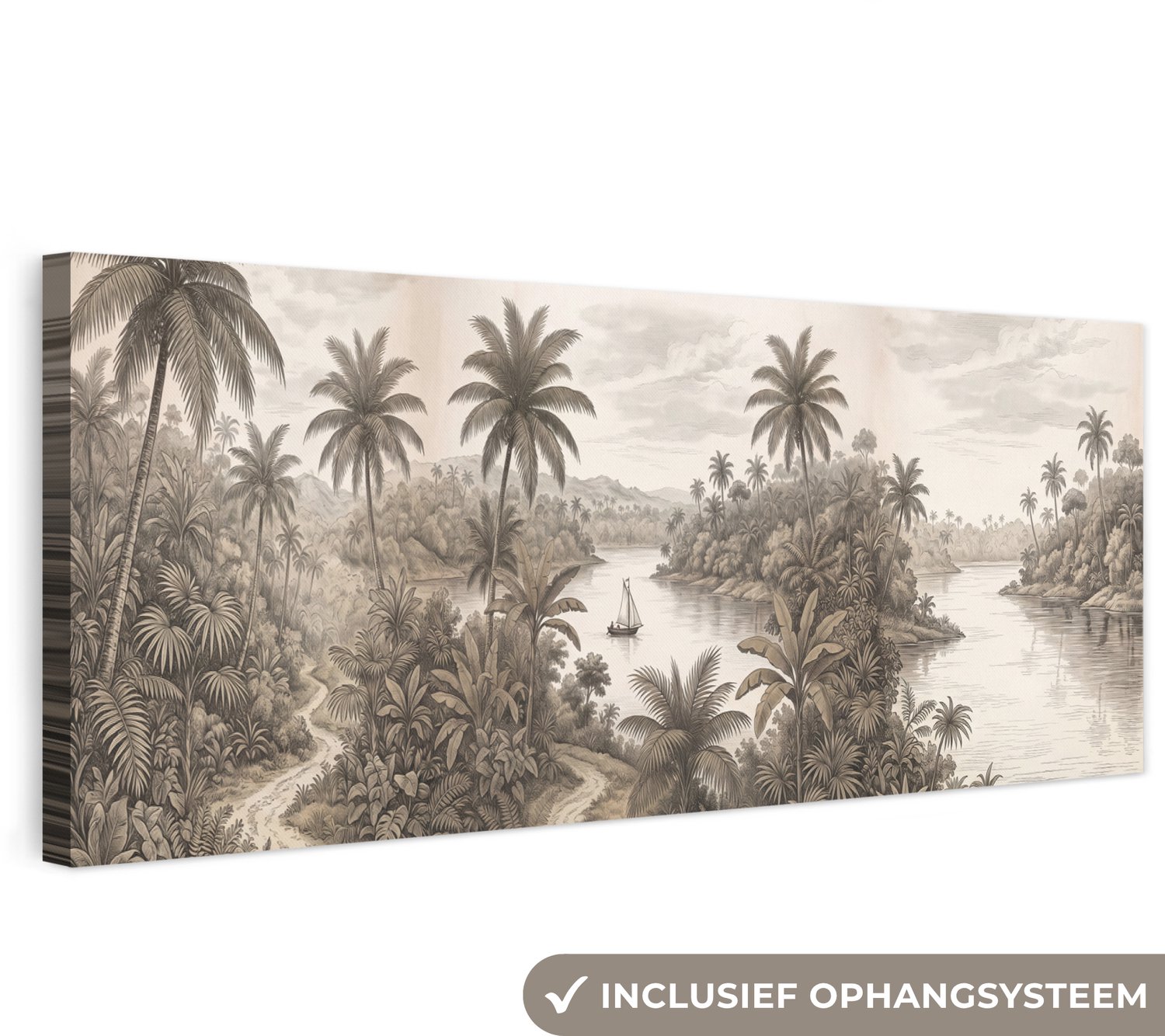 Canvas schilderij 150x50 cm - Exclusieve wanddecoratie Landschap - Rivier - Boot - Tropisch - Vintage - Muurdecoratie woonkamer - Slaapkamer decoratie - Kamer accessoires - Schilderijen op canvas groot XXL