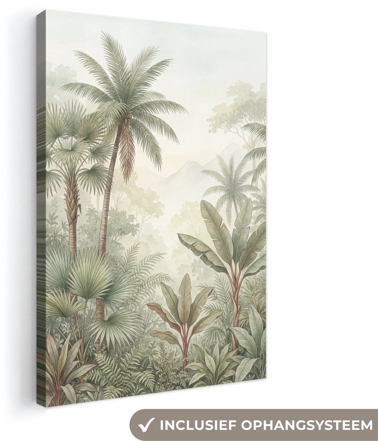 Canvas schilderij 20x30 cm - Exclusieve wanddecoratie Natuur - Tropisch bos - Landschap - Aquarel - Groen - Muurdecoratie woonkamer - Slaapkamer decoratie - Kamer accessoires - Schilderijen op canvas