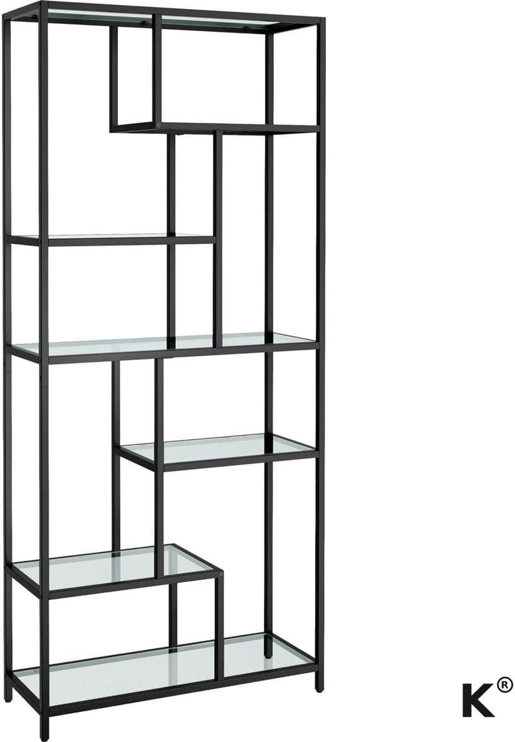 Klarven Boekenkast Zwart - Glazen Boekenrek - Boekenkastje - Boekenkasten - Bookcase - 6 Niveaus - Open Opbergrek - Draagvermogen 40kg per Plank - 80x30x180 cm