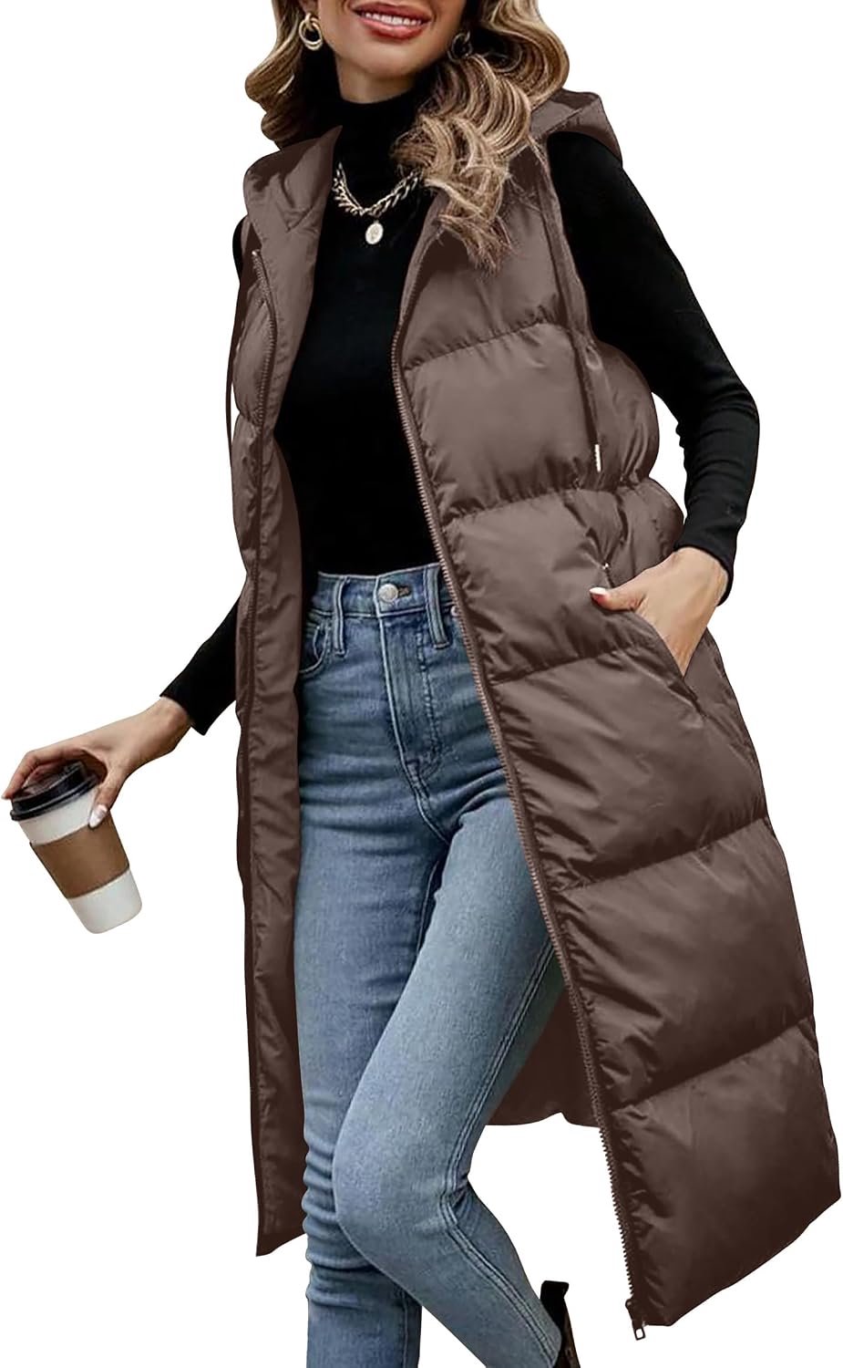 Vest met capuchon, lang model, zonder mouwen