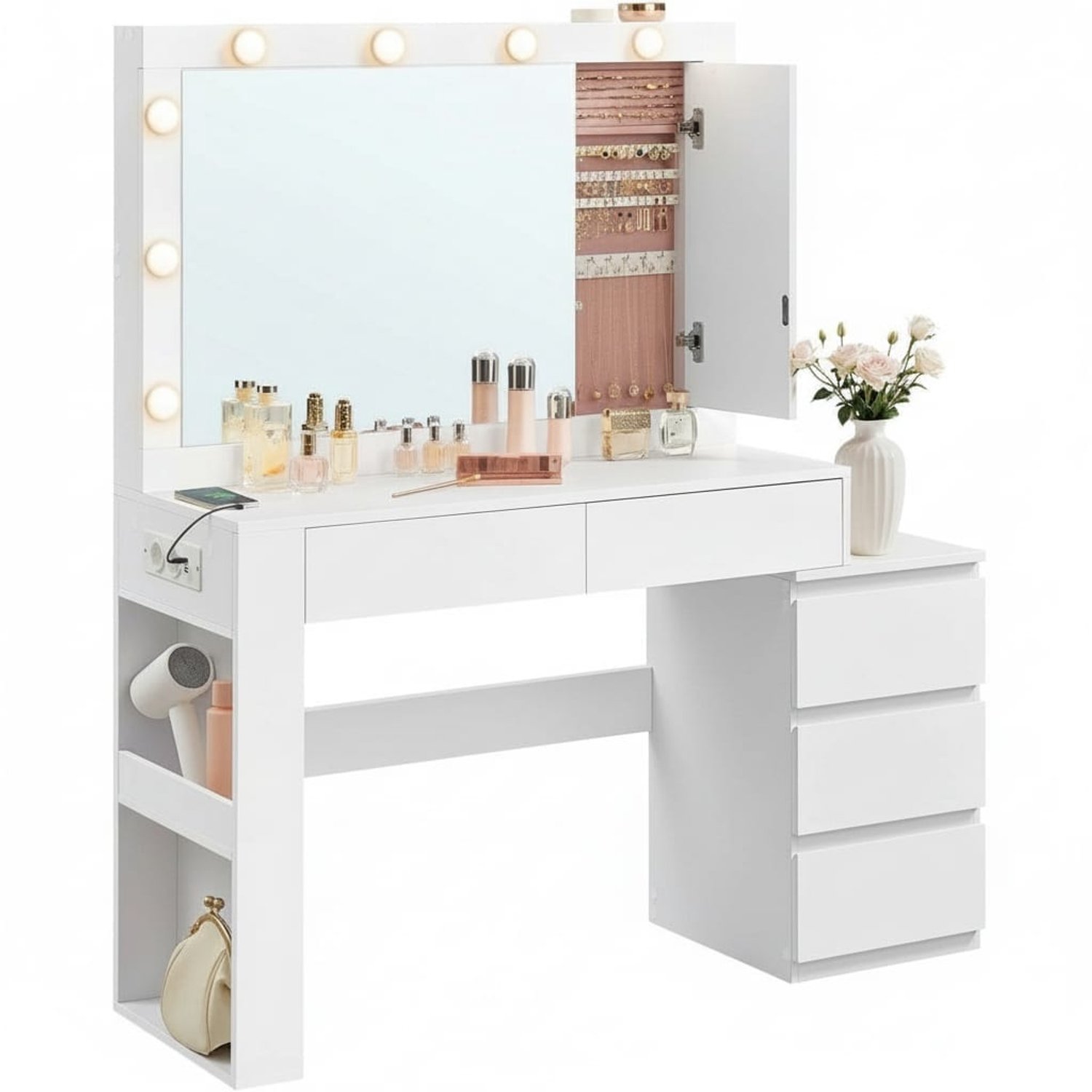 Klarven Kaptafel Wolkenwit - Kaptafel met Spiegel en Verlichting - Dressing Table - Met USB-aansluiting en Stopcontacten