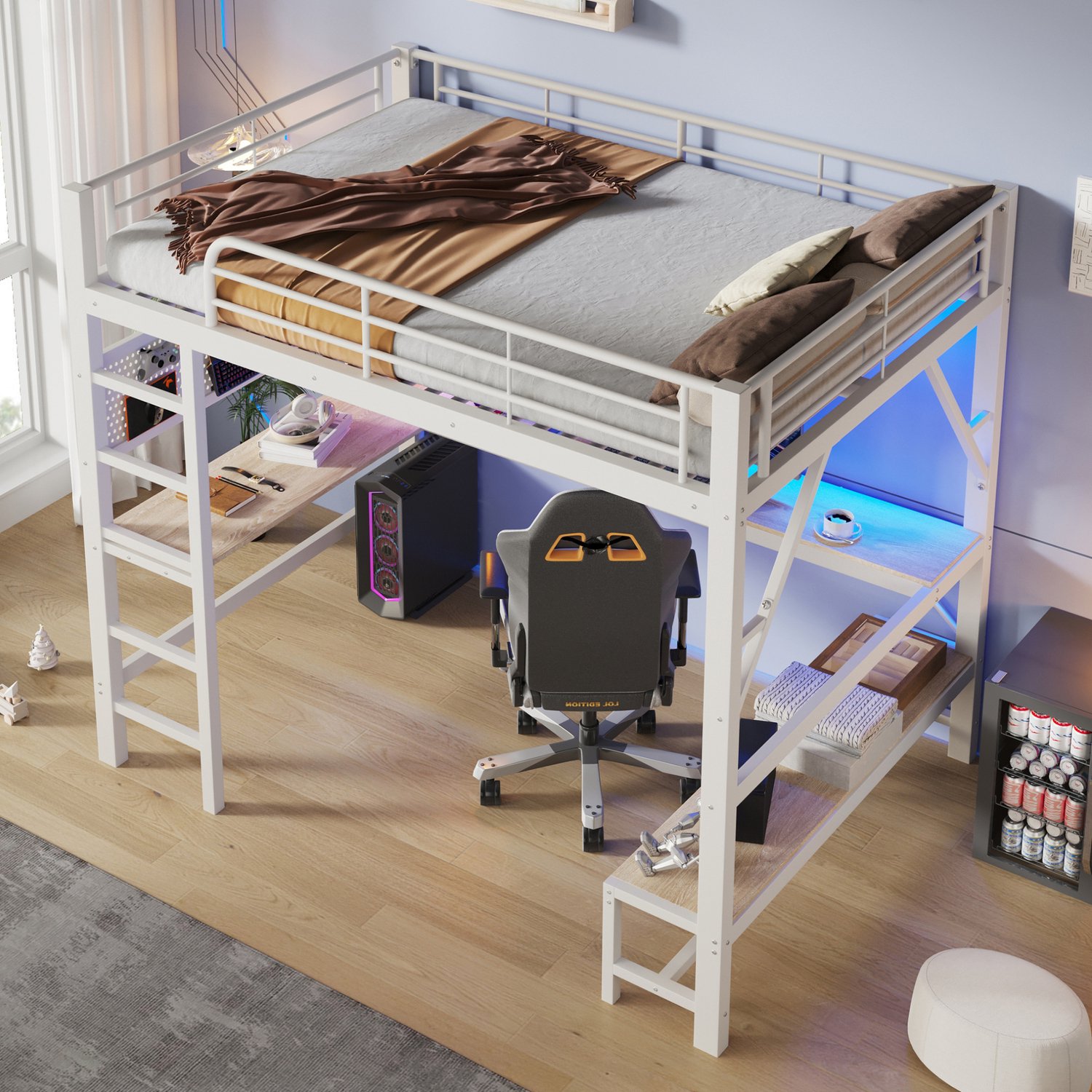 STILVORA Hoogslaper 160x200 cm – Bureau Met Planken, Ledverlichting En USB-C – Ladder Met Uitvalbeveiliging – Metaal En MDF – Zonder Matras – Wit