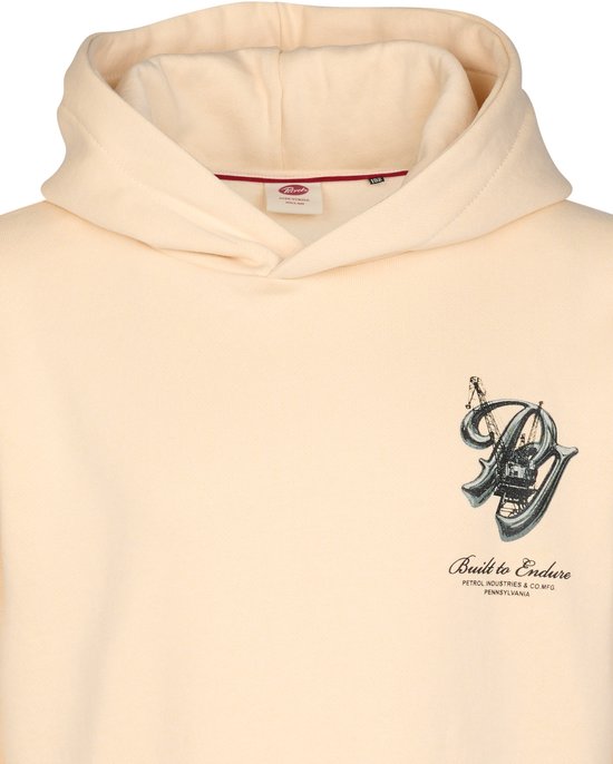 Crèmekleurige hoodie met kraan-graphic en tekst 'Built to Endure Petrol Industries & Co. MFG Pennsylvania'.
