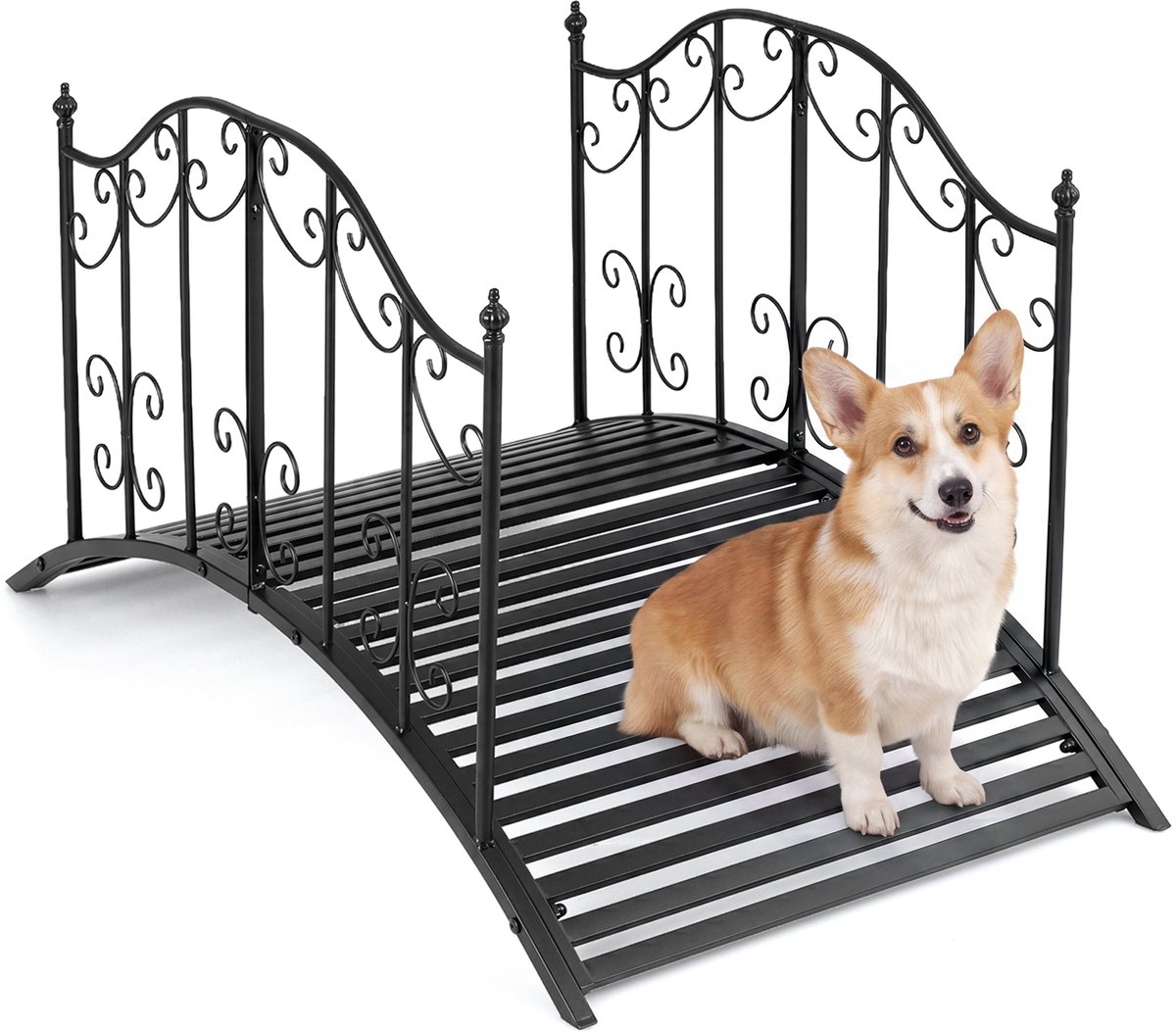 COSTWAY Metalen brug, 118 cm, vijverbrug 150 kg belastbaar, tuinbrug met decoratieve leuningen, metalen brug antieke look, stabiel en weerbestendig, sierbrug voor tuin, beek, vijver, zwart
