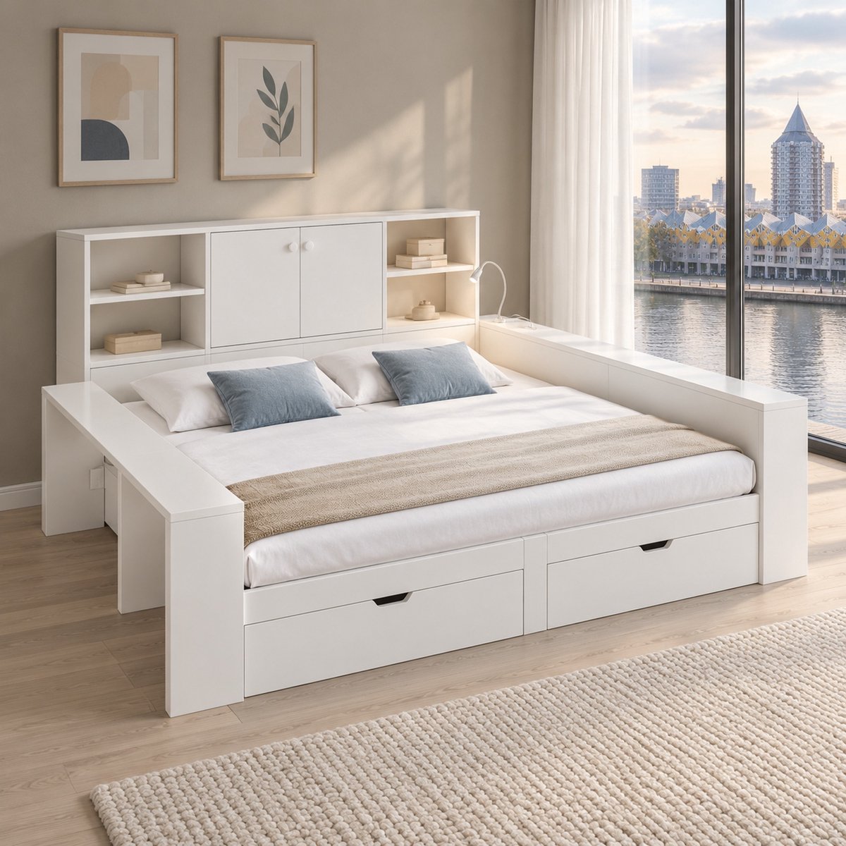WUVRIE Tweepersoons opbergbed 140x200 cm met 2 lades, dubbele deuren, USB/USB-C, leeslamp en lattenbodem, wit