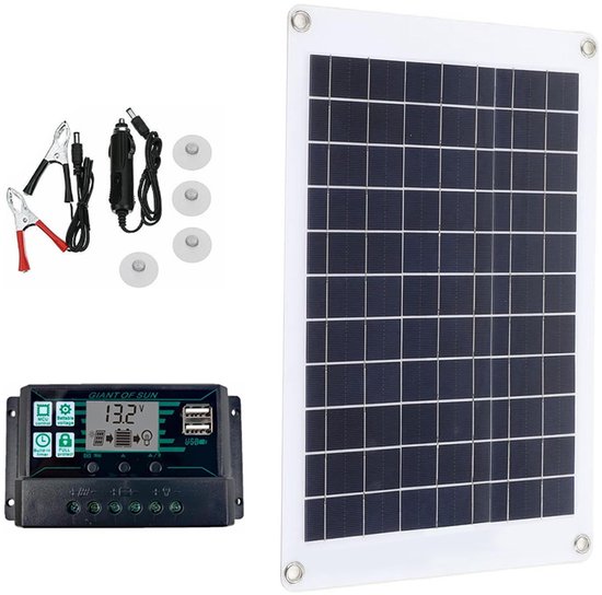 Staand 12V zonnepaneel met witte rand, laadregelaar, clips en USB-poorten.