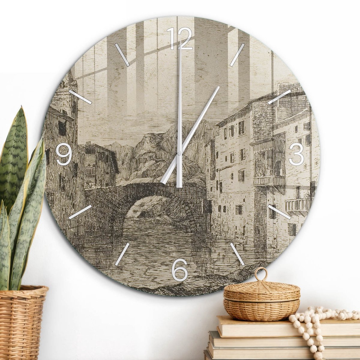 ArtPrintCave Beige Glazen Klok - Wandklok 60 cm - Muurklok Rond - Historisch Perspectief Wandklok Keuken - Natuur Unieke Klok - Witte Klokwijzers
