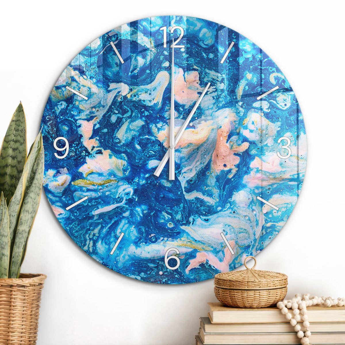 ArtPrintCave Blauw Glazen Klok - Wandklok 60 cm - Muurklok Rond - Blauwe Wervel Wandklok Keuken - Kunst Unieke Klok - Witte Klokwijzers