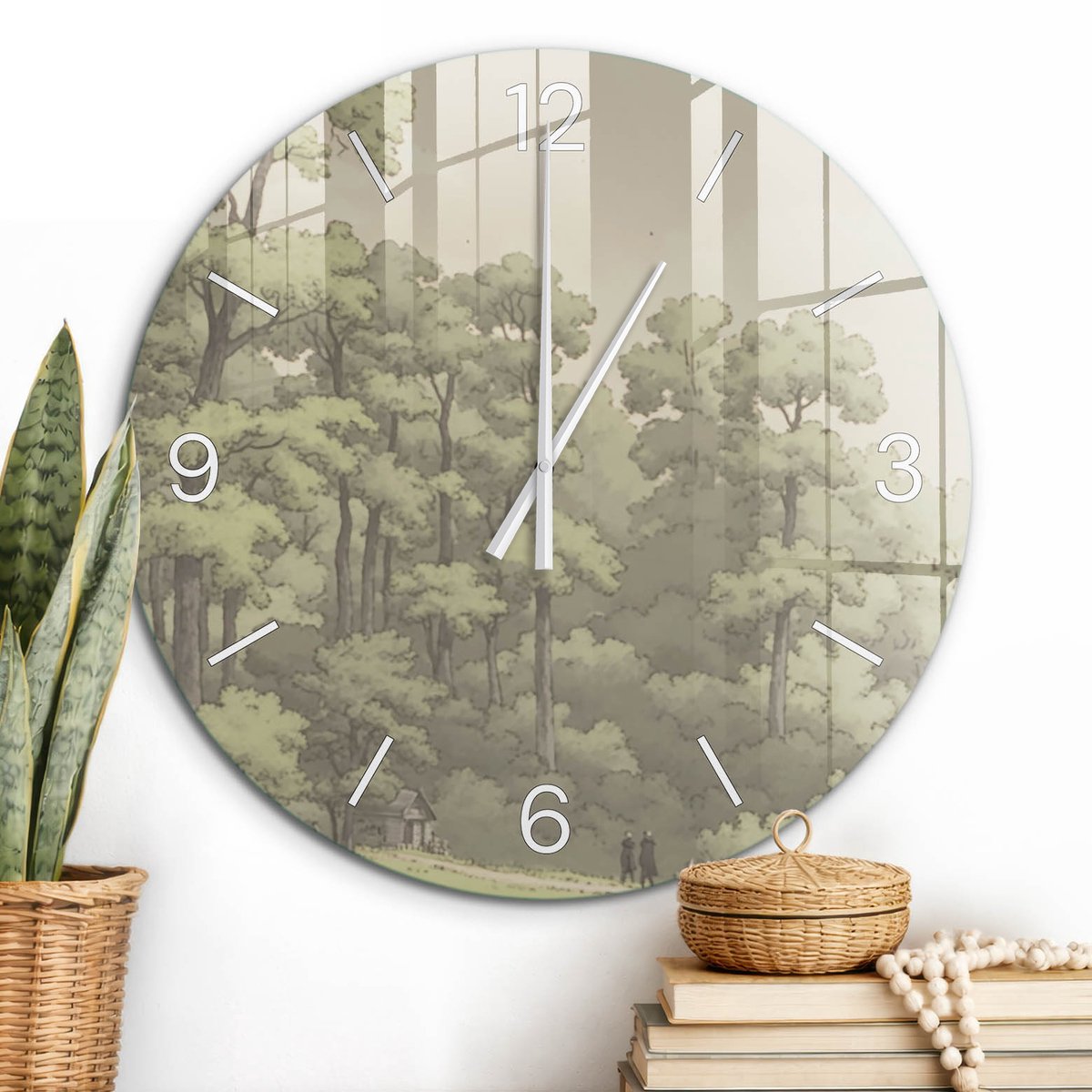 ArtPrintCave Groene Glazen Klok - Wandklok 60 cm - Muurklok Rond - Boslandschap Wandklok Keuken - Landschappen Unieke Klok - Witte Klokwijzers