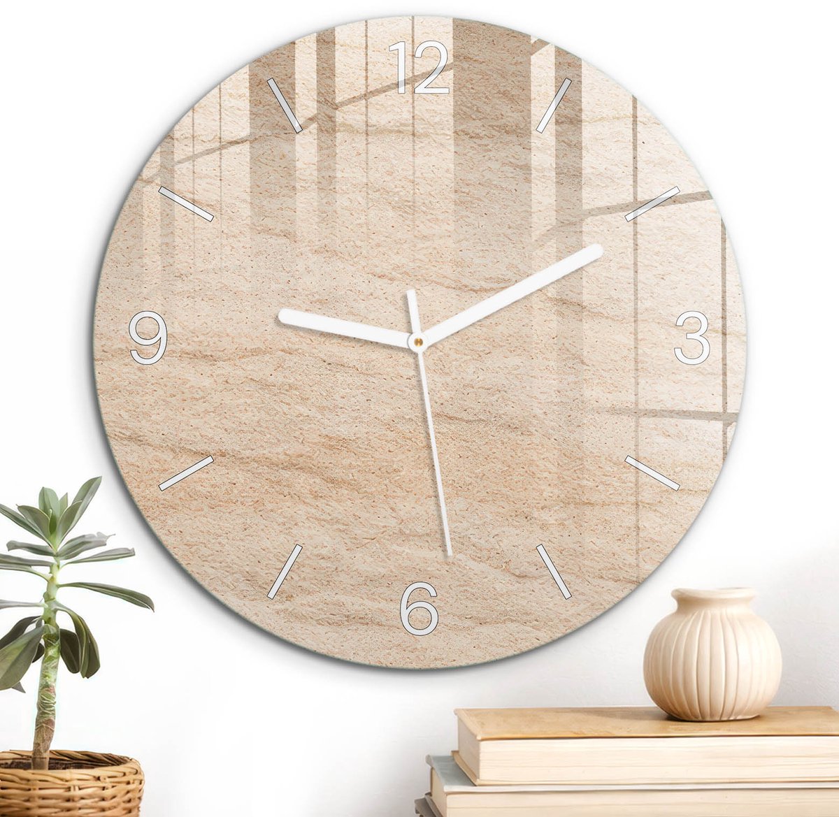 ArtPrintCave Beige Glazen Klok - Wandklok 30 cm - Muurklok Rond - Beige Patroon Stille Wandklok - Achtergronden En Patronen Wandklok Keuken - Witte Klokwijzers