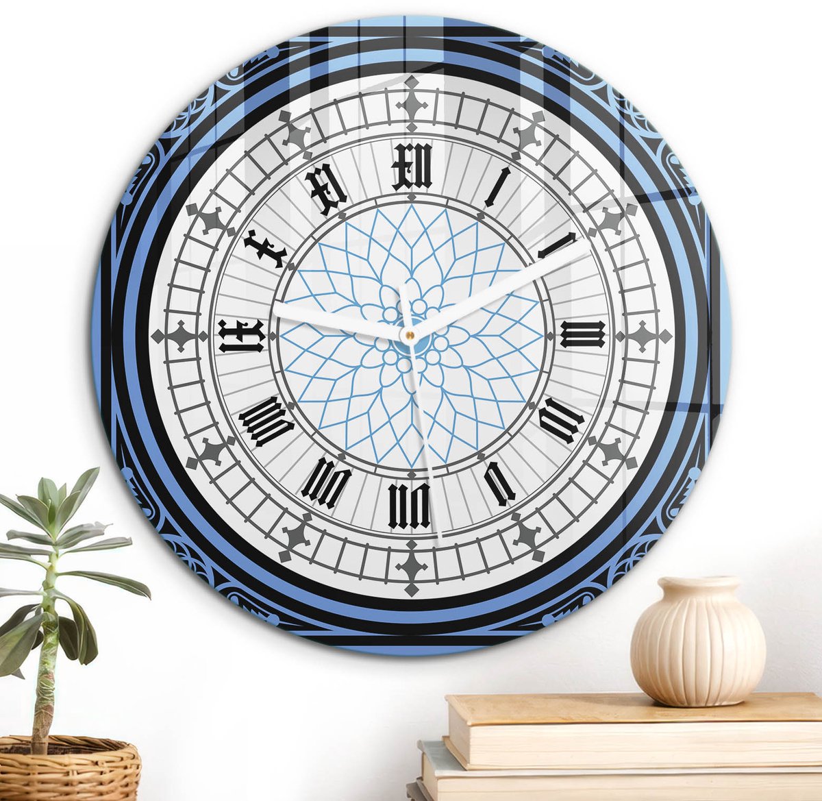 ArtPrintCave Blauw Glazen Klok - Wandklok 30 cm - Muurklok Rond - Geometrische Klok Stille Wandklok - Architectuur Wandklok Keuken - Witte Klokwijzers