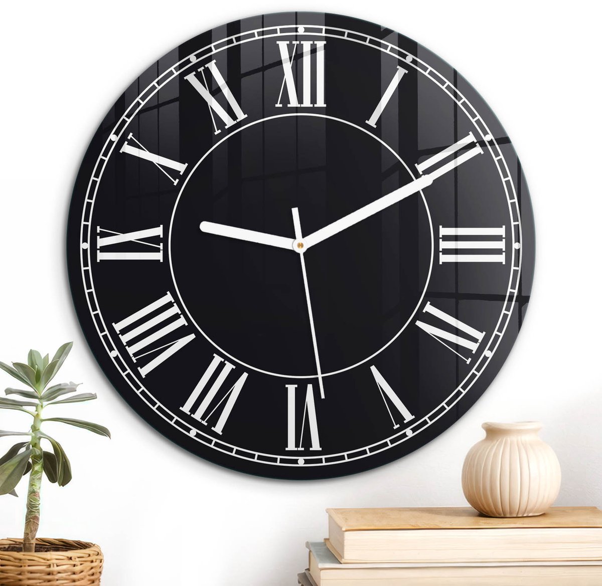 ArtPrintCave Zwart Glazen Klok - Wandklok 30 cm - Muurklok Rond - Klassieke Klok Stille Wandklok - Geometrie Wandklok Keuken - Witte Klokwijzers