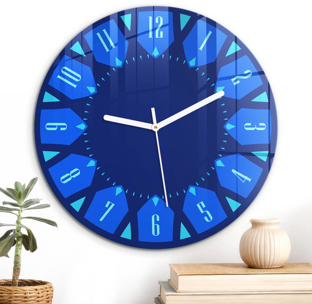 ArtPrintCave Blauw Glazen Klok - Wandklok 30 cm - Muurklok Rond - Moderne Klok Unieke Klok - Abstractie Stille Wandklok - Witte Klokwijzers