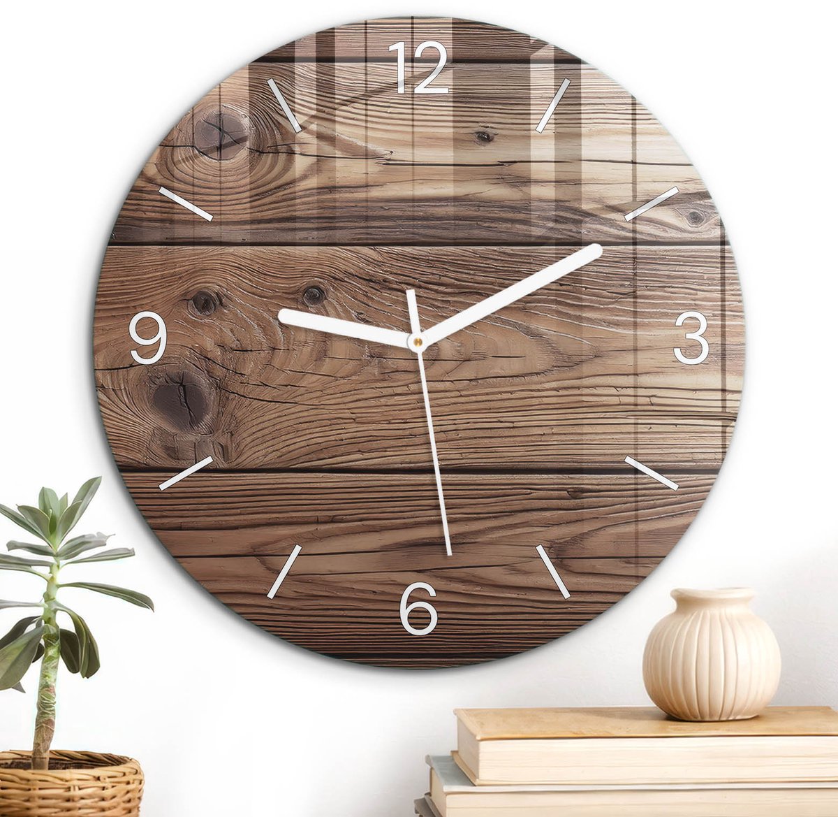 ArtPrintCave Bruin Glazen Klok - Wandklok 30 cm - Muurklok Rond - Houten Planken Unieke Klok - Achtergronden En Patronen Stille Wandklok - Witte Klokwijzers