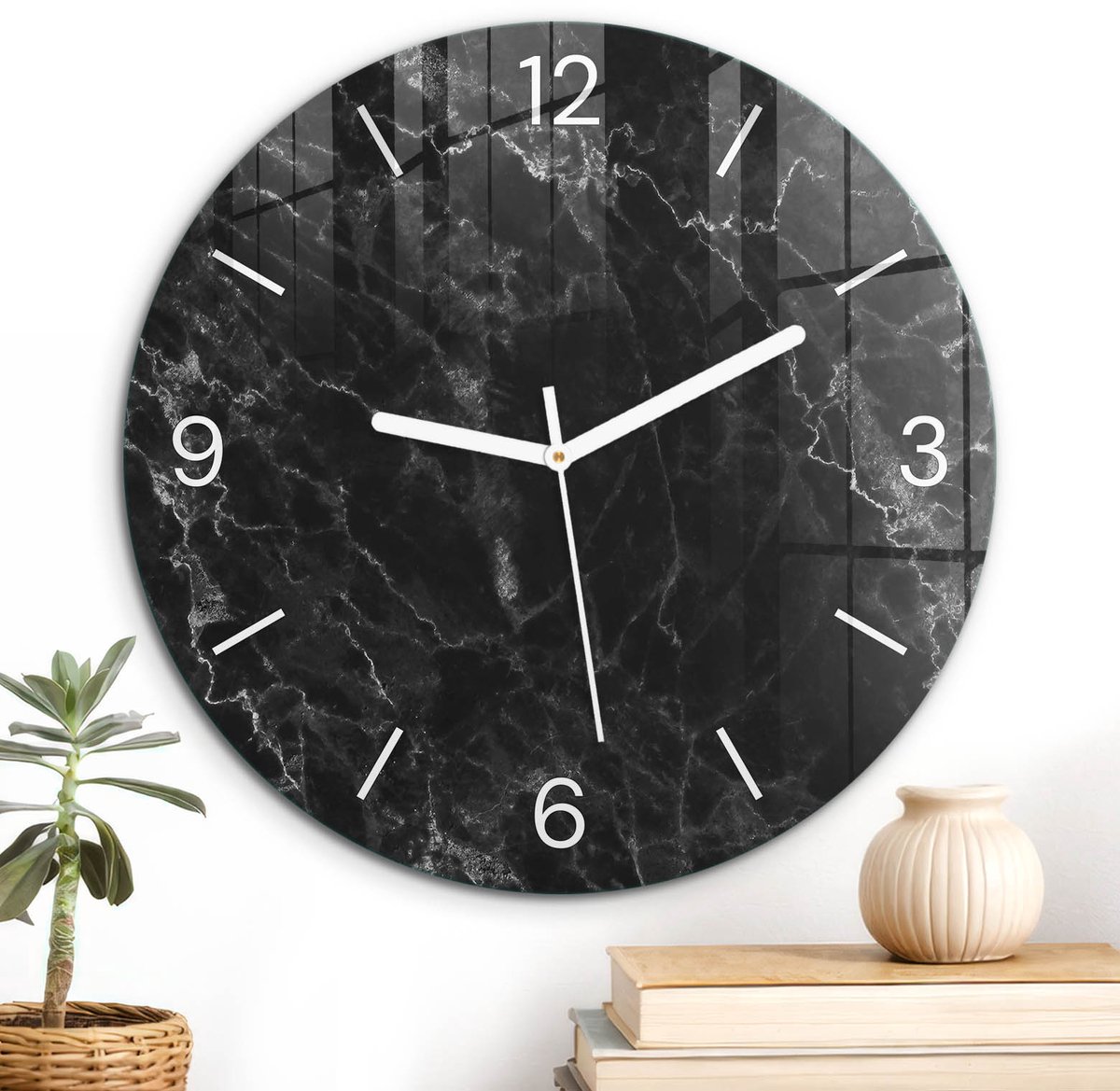 ArtPrintCave Zwart Glazen Klok - Wandklok 30 cm - Muurklok Rond - Zwart Marmer Stille Wandklok - Abstractie Wandklok Keuken - Witte Klokwijzers