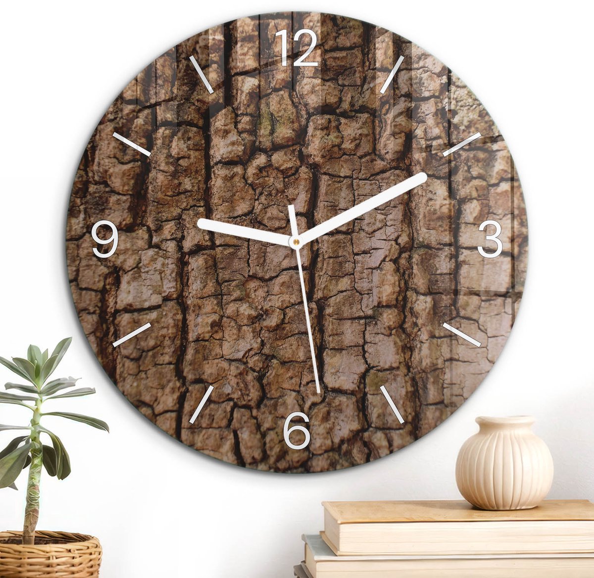 ArtPrintCave Bruin Glazen Klok - Wandklok 30 cm - Muurklok Rond - Boomschors Unieke Klok - Texturen Stille Wandklok - Witte Klokwijzers