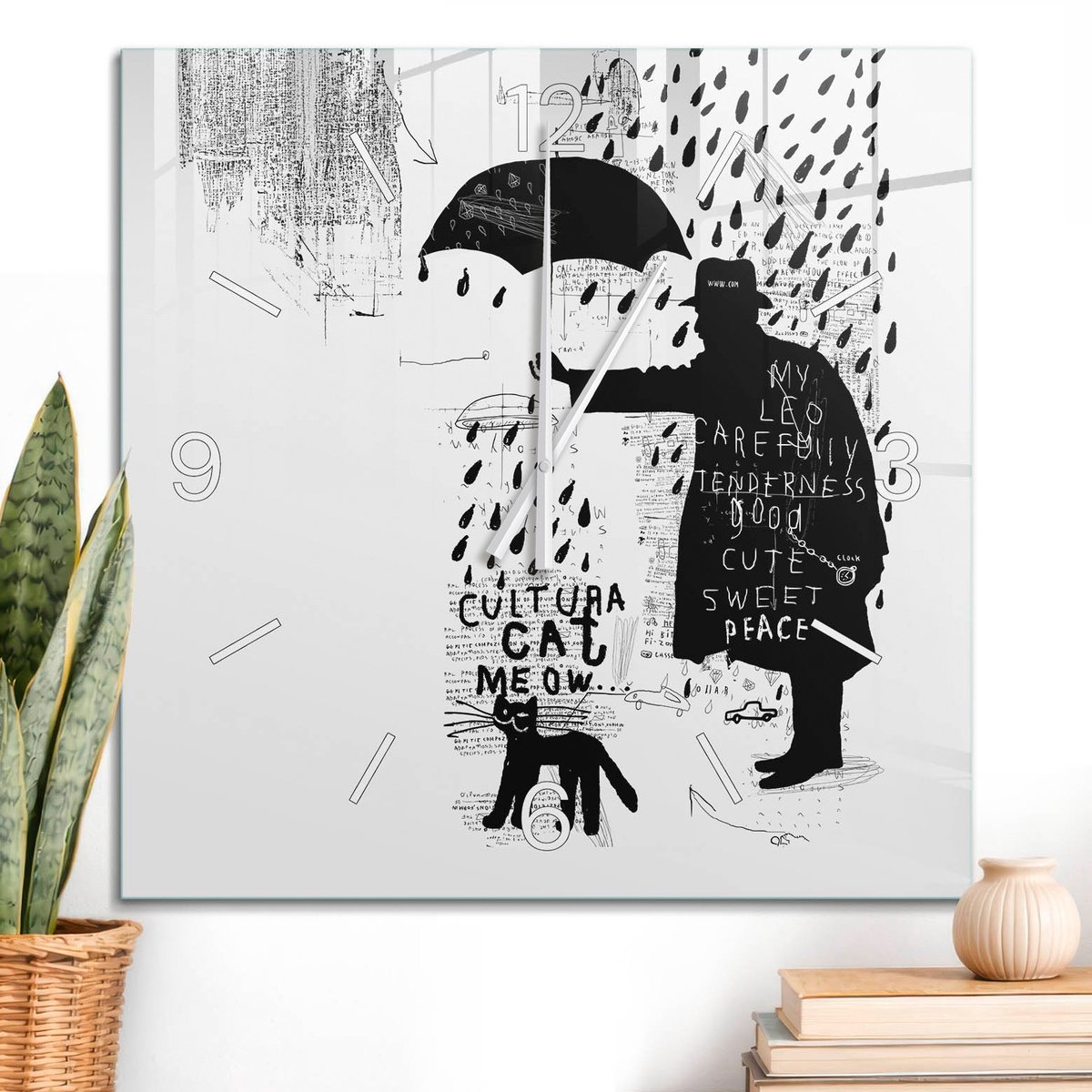 ArtPrintCave Zwart-wit Glazen Klok - 60x60 cm - Wandklok Vierkant - Regenachtige Afbeeldingen Unieke Klok - Abstractie Stille Wandklok - Witte Klokwijzers