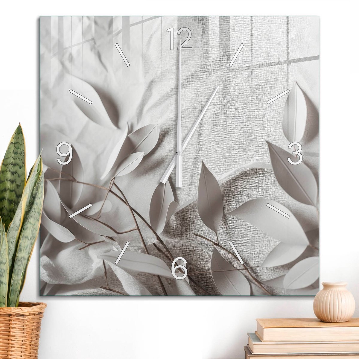 ArtPrintCave Wit Glazen Klok - 60x60 cm - Wandklok Vierkant - Bladeren Minimalisme Wandklok Keuken - Bloemen En Planten Unieke Klok - Witte Klokwijzers