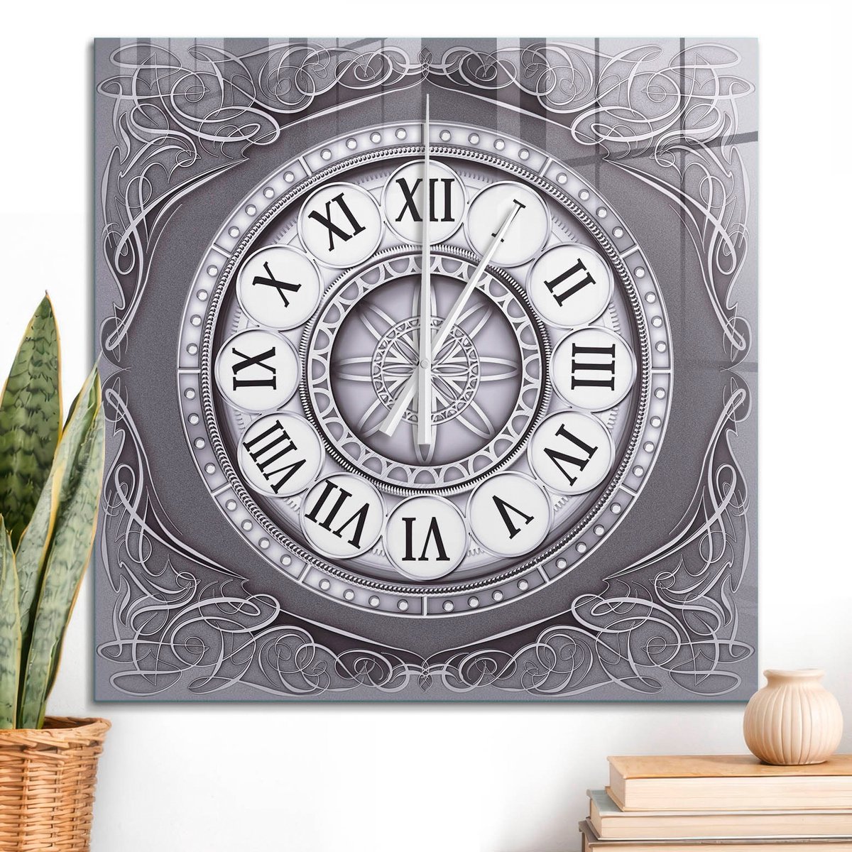 ArtPrintCave Grijs Glazen Klok - 60x60 cm - Wandklok Vierkant - Sierklok Unieke Klok - Geometrie Stille Wandklok - Witte Klokwijzers