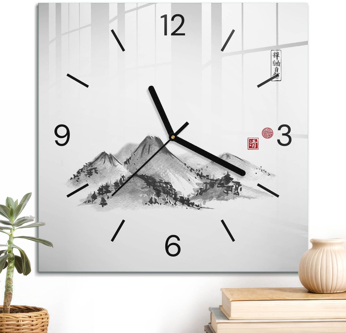 ArtPrintCave Zwart-wit Glazen Klok - 30x30 cm - Wandklok Vierkant - Berglandschap Stille Wandklok - Natuur Wandklok Keuken - Zwarte Klokwijzers