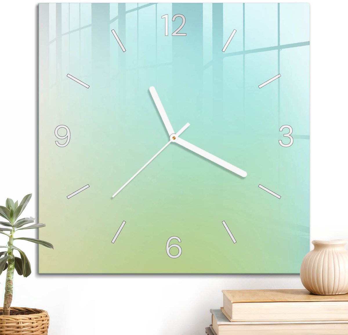 ArtPrintCave Turkoois Glazen Klok - 30x30 cm - Wandklok Vierkant - Kleurrijk Verloop Wandklok Keuken - Achtergronden En Patronen Unieke Klok - Witte Klokwijzers