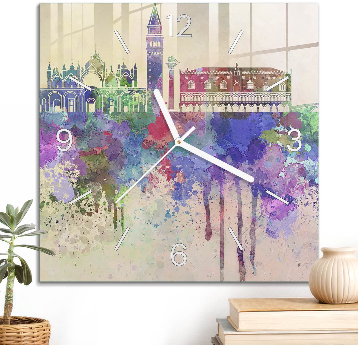 ArtPrintCave Groene Glazen Klok - 30x30 cm - Wandklok Vierkant - Stad Van De Kunst Stille Wandklok - Kunst Wandklok Keuken - Witte Klokwijzers