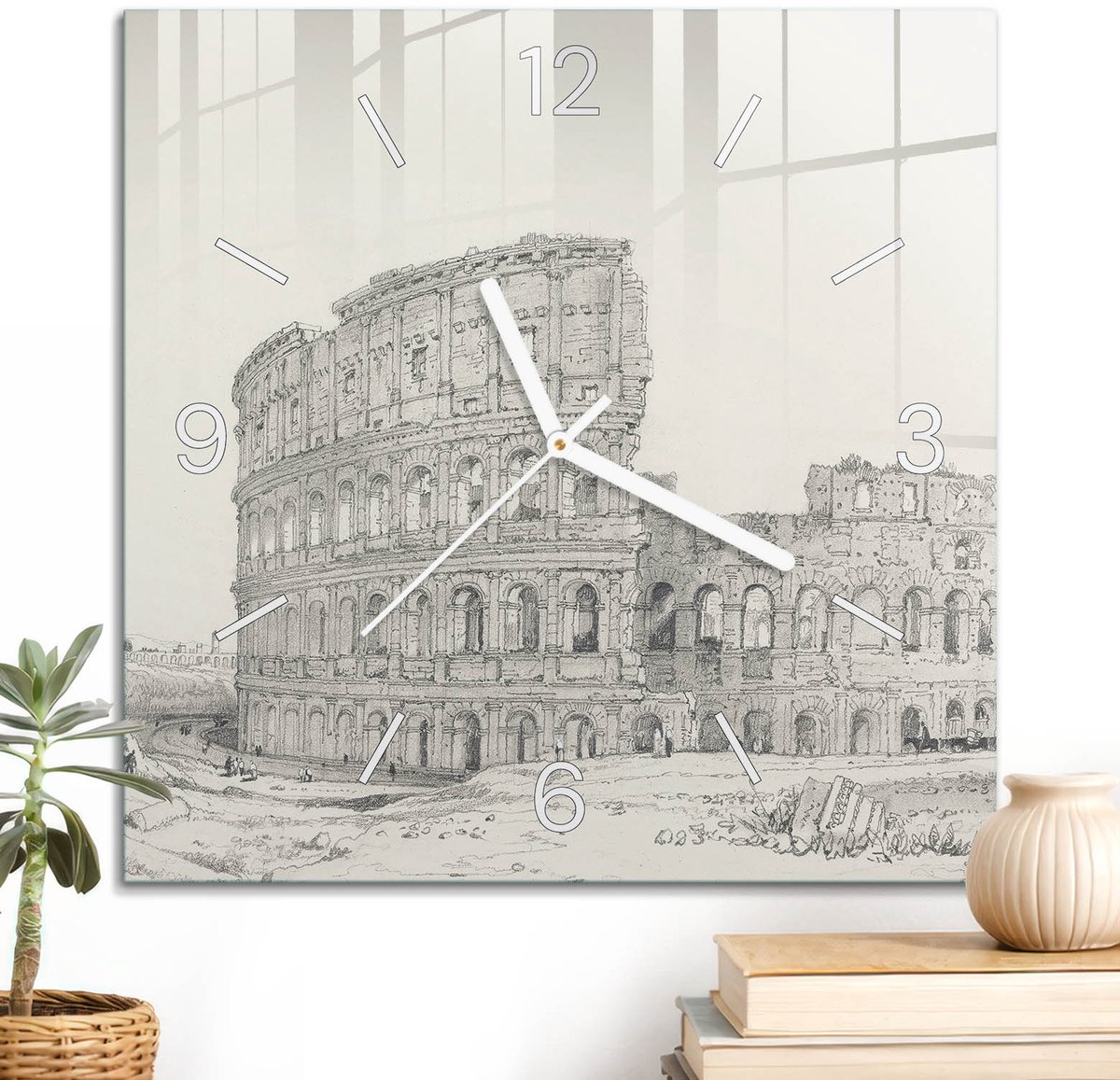 ArtPrintCave Grijs Glazen Klok - 30x30 cm - Wandklok Vierkant - Schets Van Het Colosseum Wandklok Keuken - Kunst Unieke Klok - Witte Klokwijzers