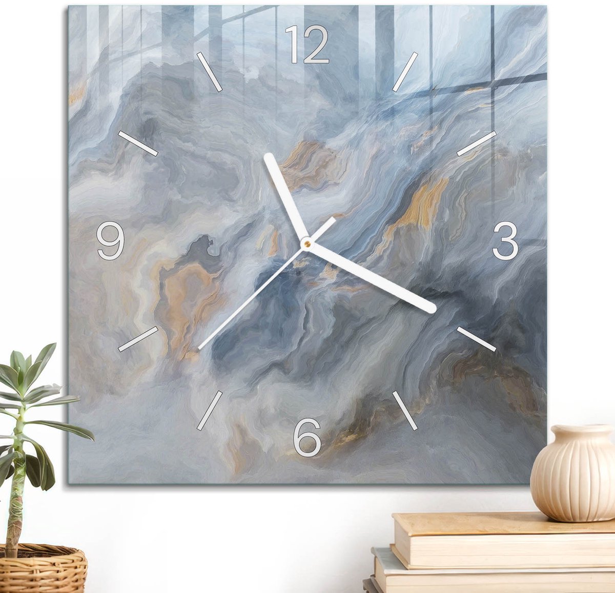 ArtPrintCave Blauw Glazen Klok - 30x30 cm - Wandklok Vierkant - Abstracte Wolken Stille Wandklok - Landschappen Wandklok Keuken - Witte Klokwijzers