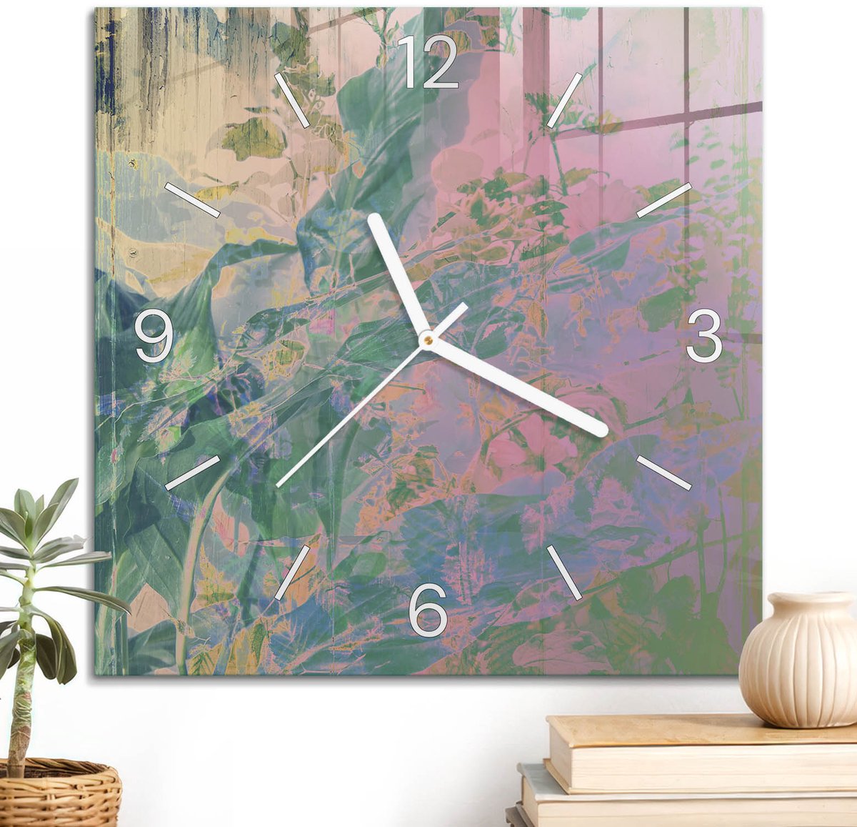 ArtPrintCave Roze Glazen Klok - 30x30 cm - Wandklok Vierkant - Abstracte Bloemen Unieke Klok - Bloemen En Planten Stille Wandklok - Witte Klokwijzers