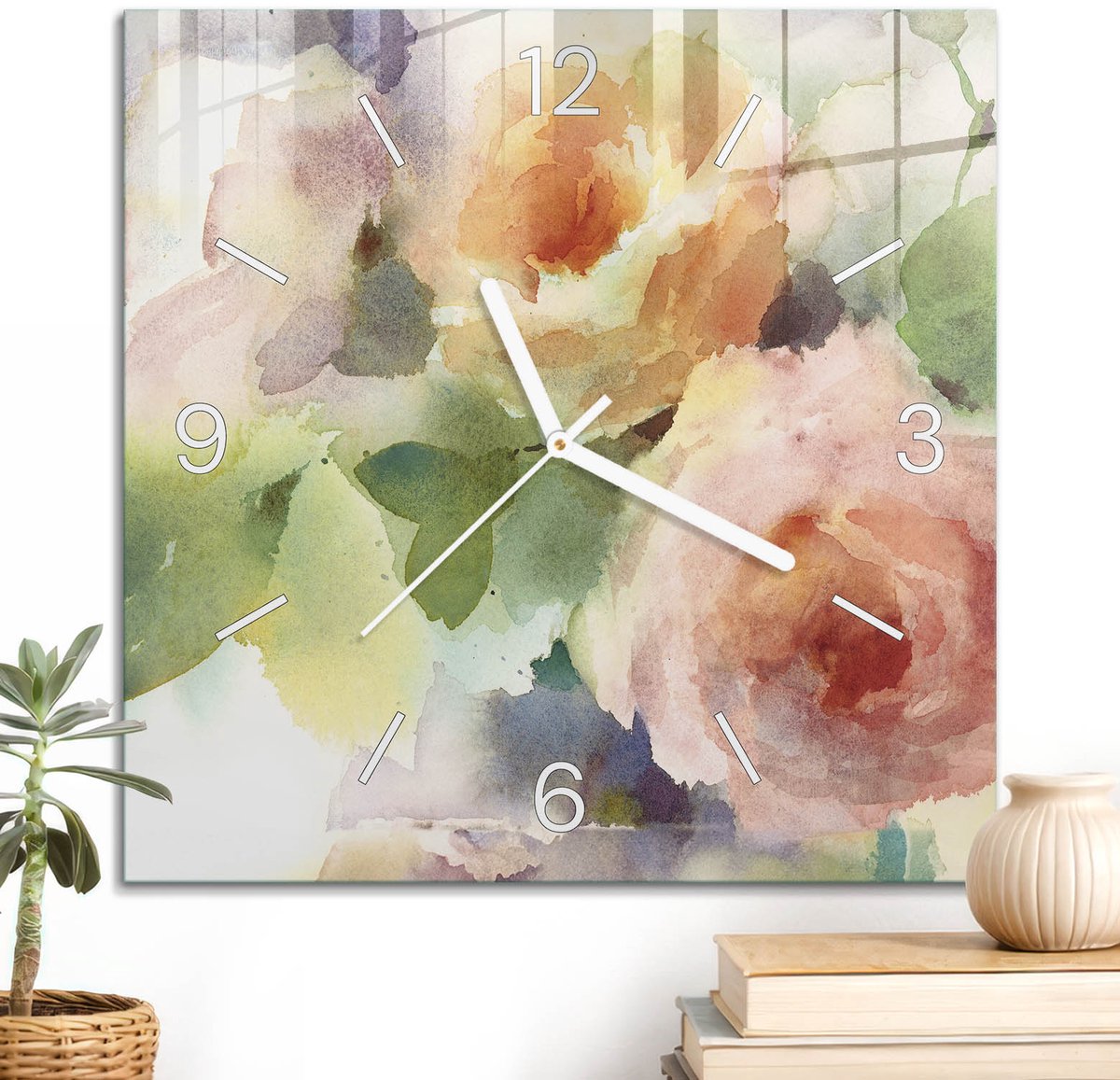 ArtPrintCave Groene Glazen Klok - 30x30 cm - Wandklok Vierkant - Bloemige Elegantie Stille Wandklok - Kunst Wandklok Keuken - Witte Klokwijzers