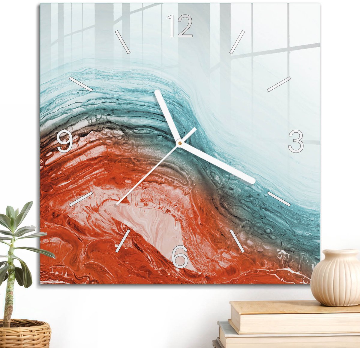 ArtPrintCave Rood Glazen Klok - 30x30 cm - Wandklok Vierkant - Kleurrijke Golven Wandklok Keuken - Kunst Unieke Klok - Witte Klokwijzers