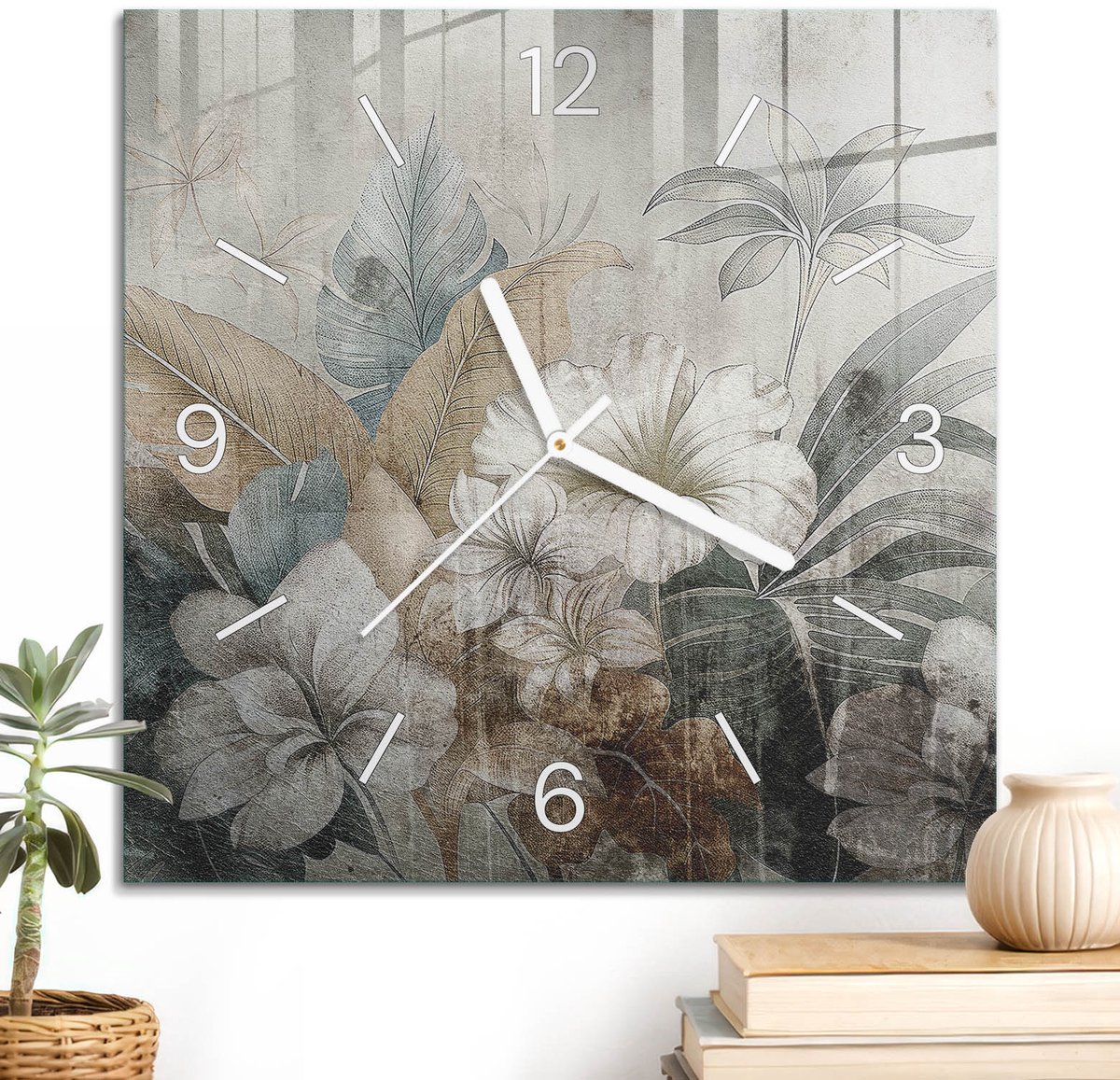 ArtPrintCave Beige Glazen Klok - 30x30 cm - Wandklok Vierkant - Bloemen Van De Natuur Unieke Klok - Kunst Stille Wandklok - Witte Klokwijzers